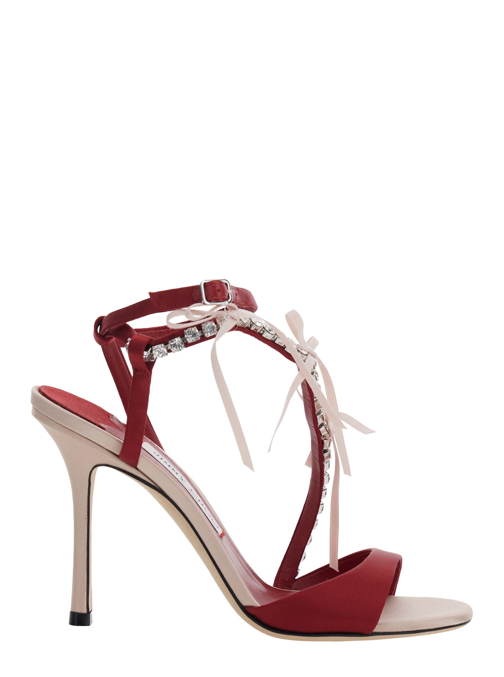 Jimmy Choo Lula Red Heeled Sandals with Crystal Straps and Shaped Bows in Satin woman Textile Lamb Heels – Women
