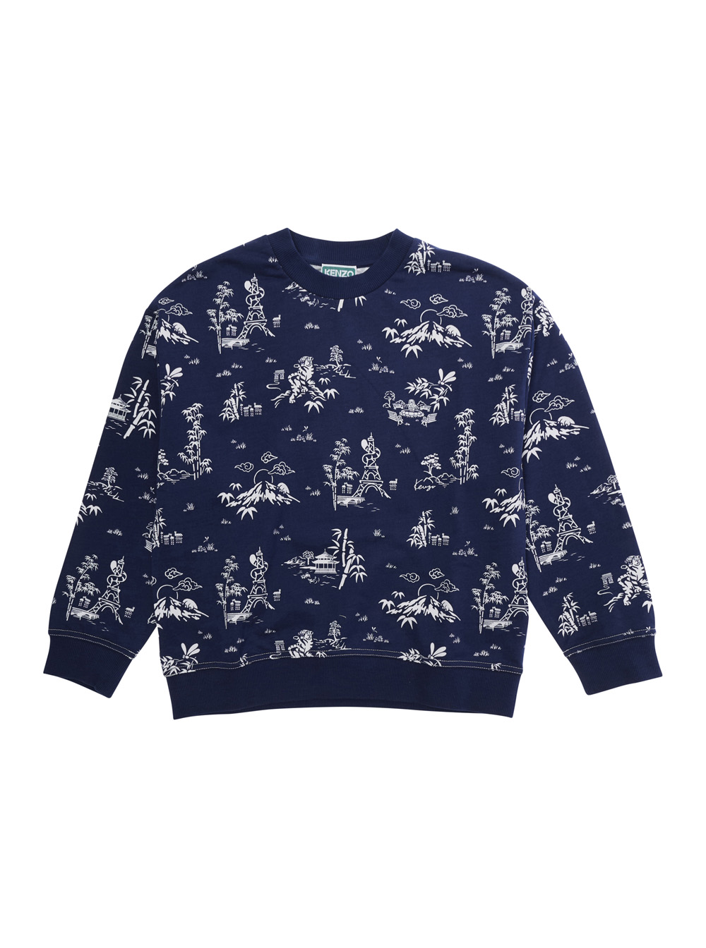 Kenzo Kids Blu Crewneck Sweatshirt With All-Over Print And Logo Patch On The Back In E Cotton For Kids Sweatshirts - Kids