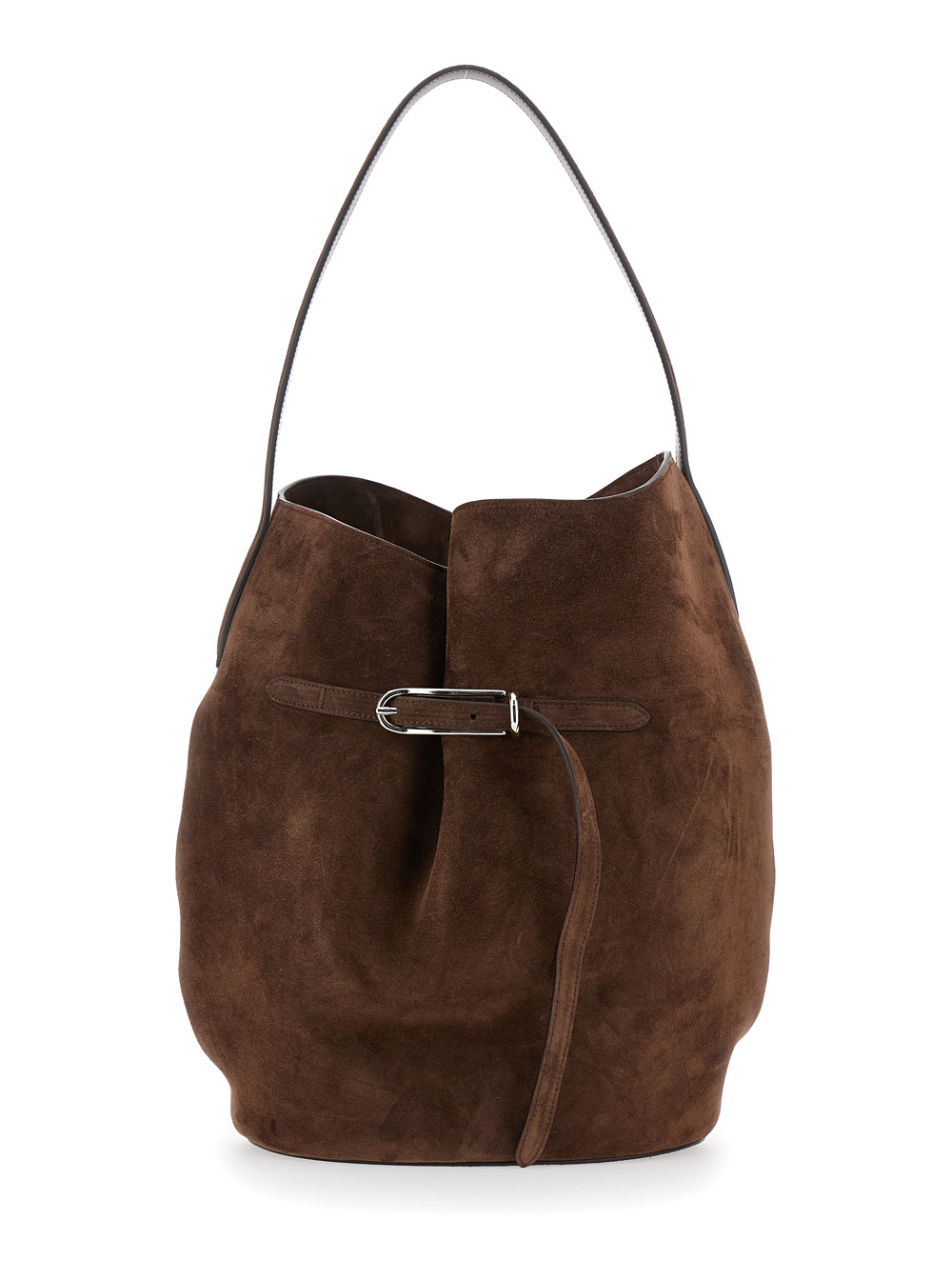 Liffner Shoulder Bag Belted Bucket with Buckle on Front in Brown Suede for Women Calf – Women