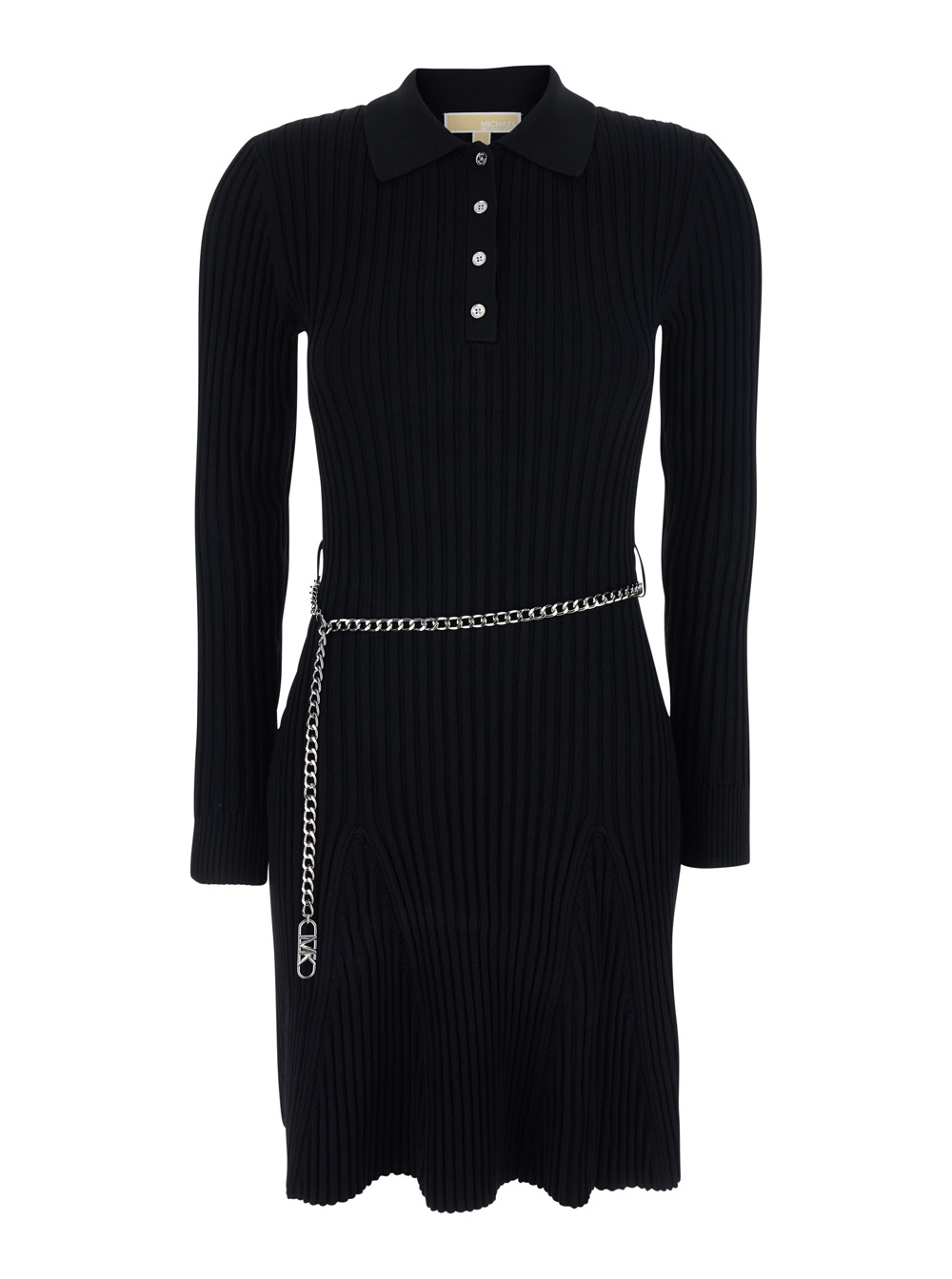 Michael Michael Kors Women's Black Flared Dress With Polo Collar And Chain On The Front Viscose Blend For