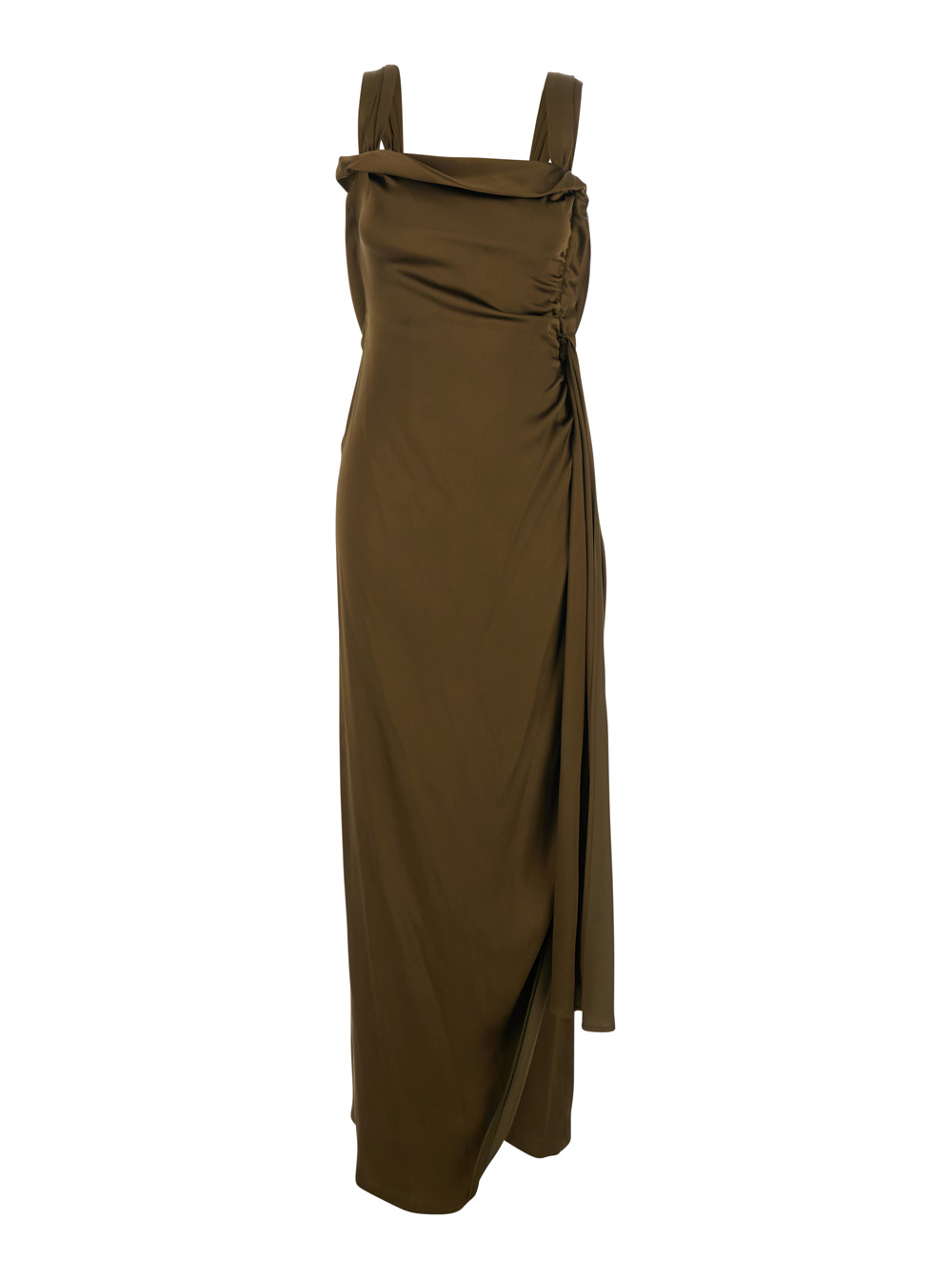 Maison Margiela Women's Brown Long Dress In Silk Blend With Asymmetrical Design And Draped Detail Woman Acetate