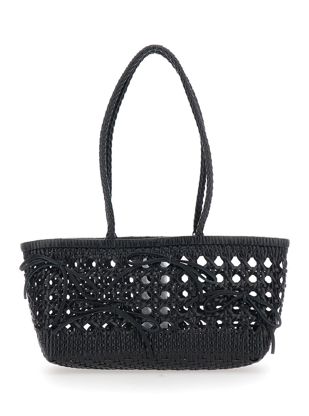 Osoi Shoulder Bag Biscuit with Double Round Handles and Ecoleather Intreccio Design for Women Black Recycled Leather – Women