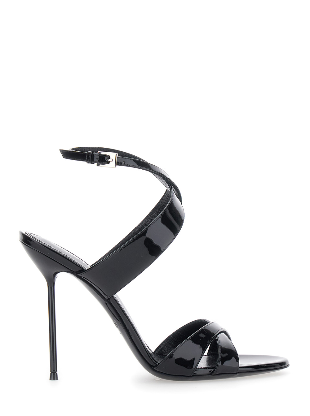 Paris Texas Lidia High Heel Sandals with Braided Ankle Strap and Stiletto in Shiny Black Leather for Women Calf Heels – Women