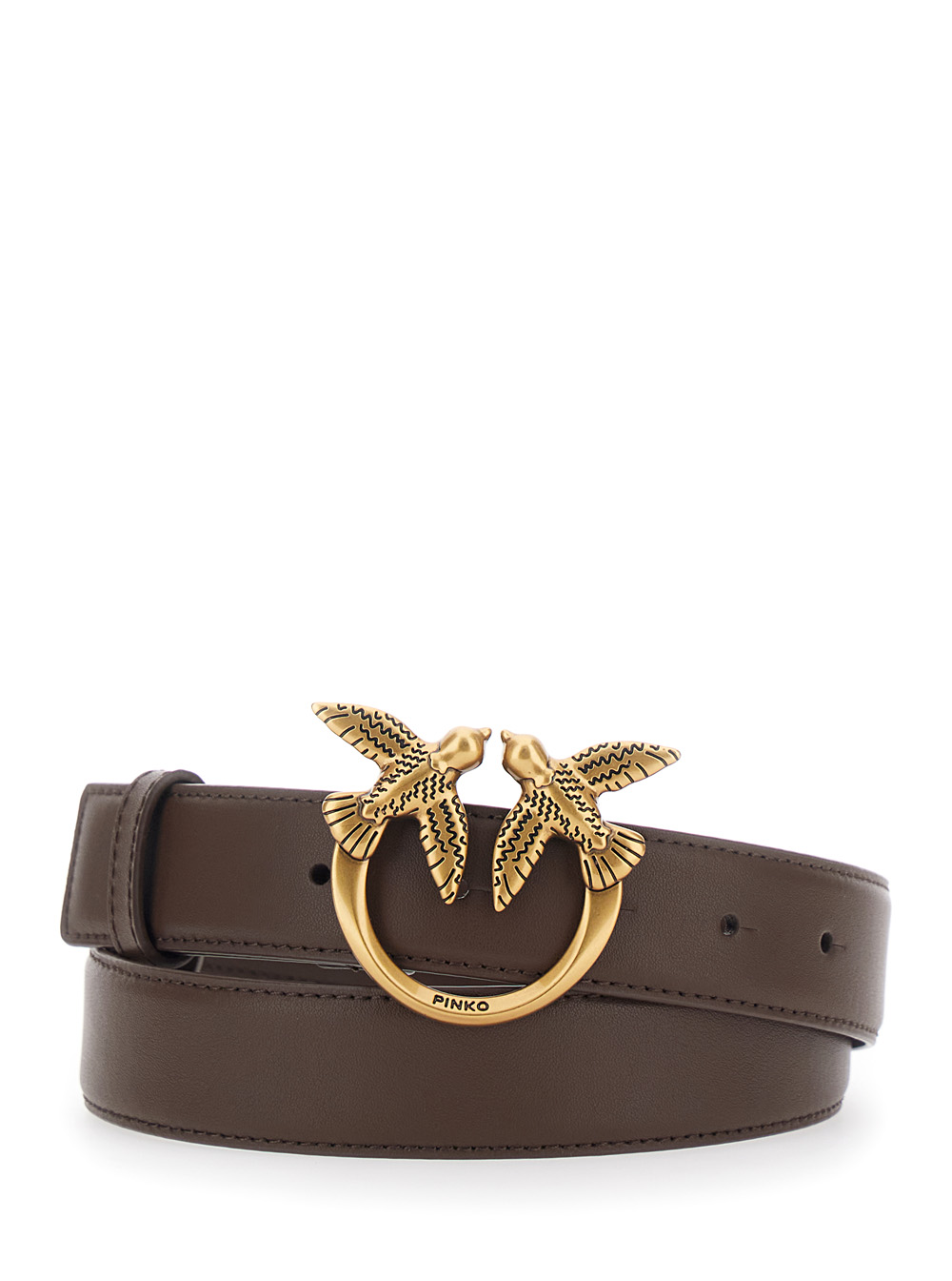 Pinko Women's Brown Leather Love Birds Buckle Belt For