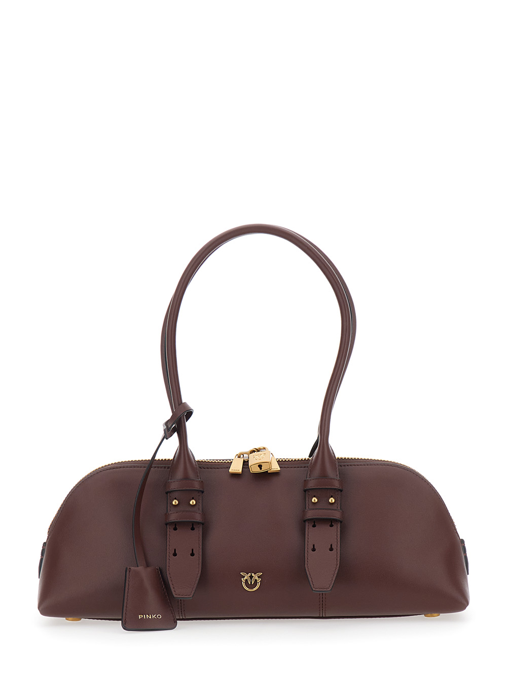 Pinko Women's Brown Large Bowling Horizontal Shoulder Bag With Adjustable And Removable Strap Leather Lock Detail For Calf