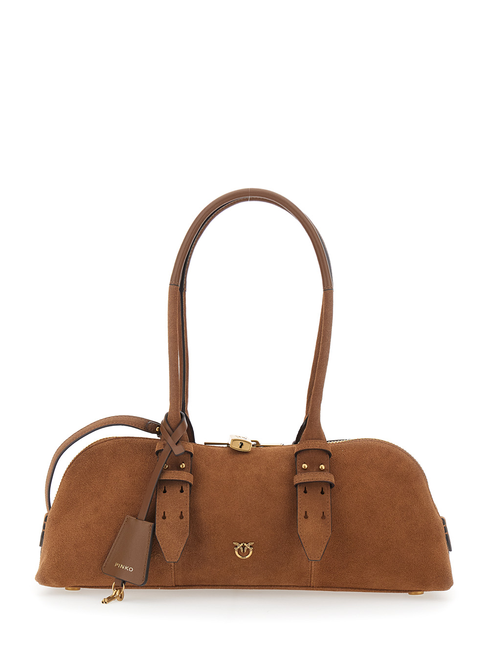 Pinko Women's Brown Large Bowling Horizontal Shoulder Bag With Adjustable And Removable Strap Leather Lock Detail For