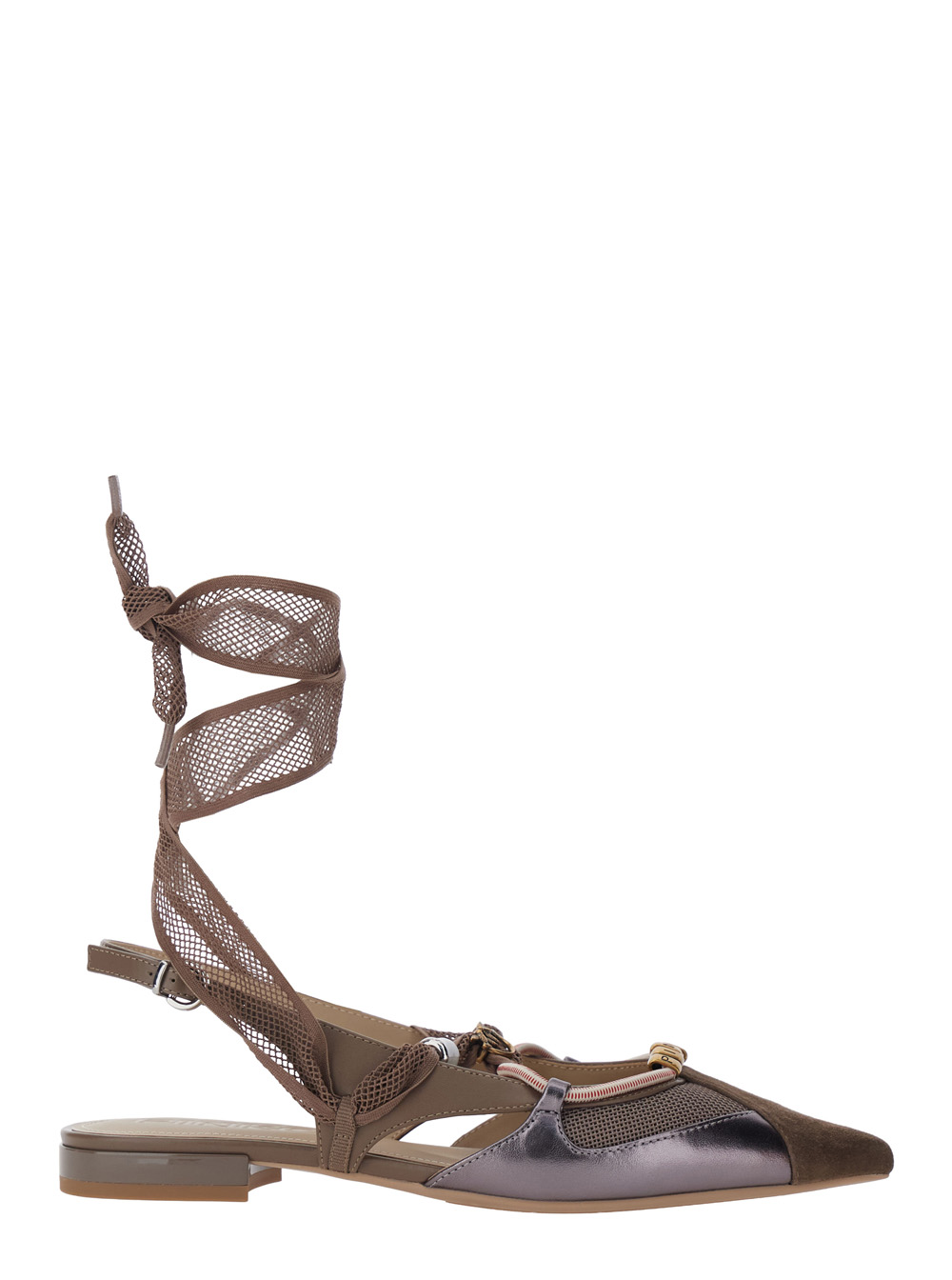 Pinko Women's Brown Gianira Ballet Shoes With Pointed Design And Decorative Ankle Strap In Leather Fabric For Goat Cow Polyester Ballerinas