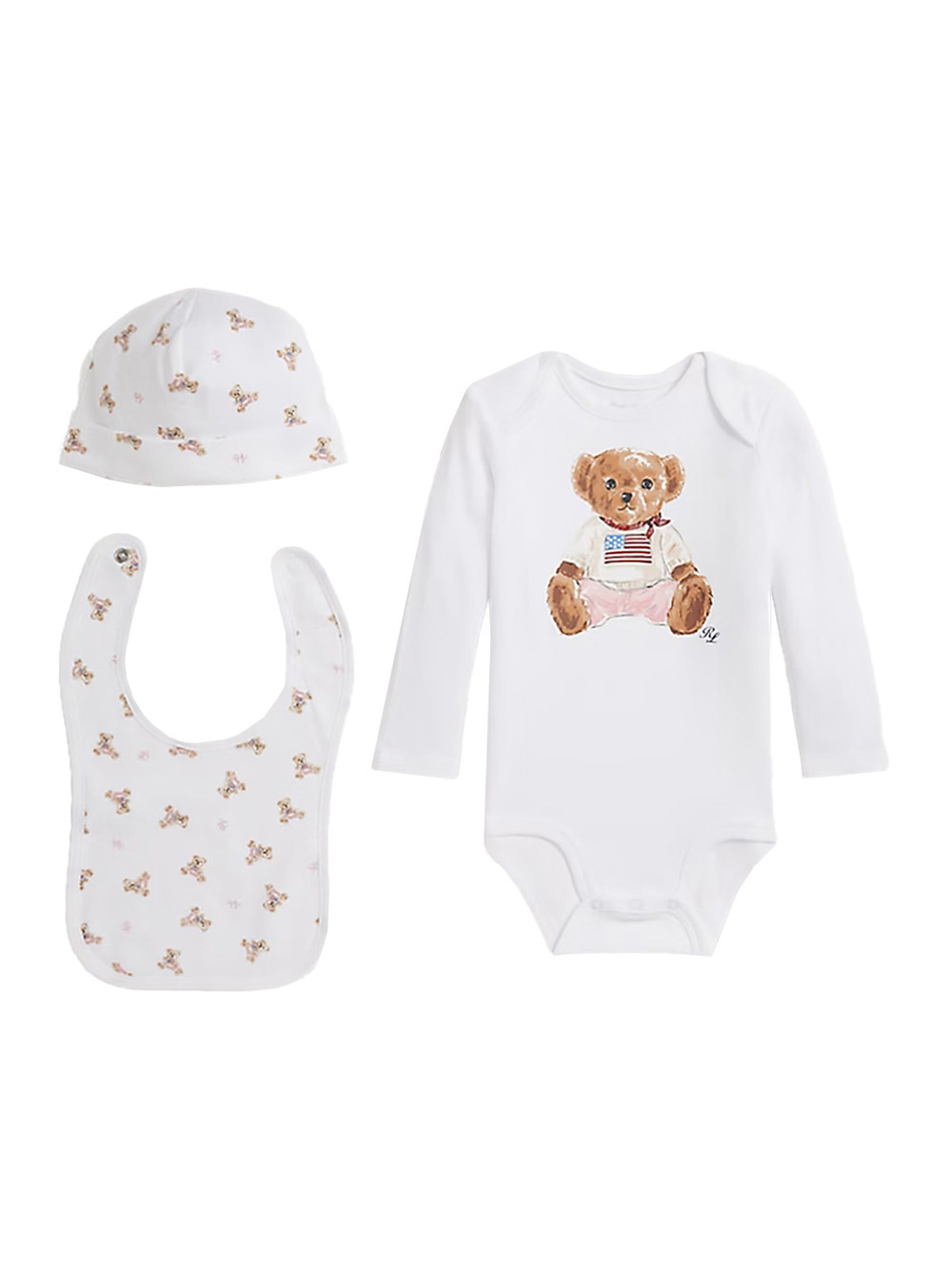 Polo Ralph Lauren Kids Unisex White Logo Baby Bodysuit With Matching Hat And Bib Cotton Suits - Kids