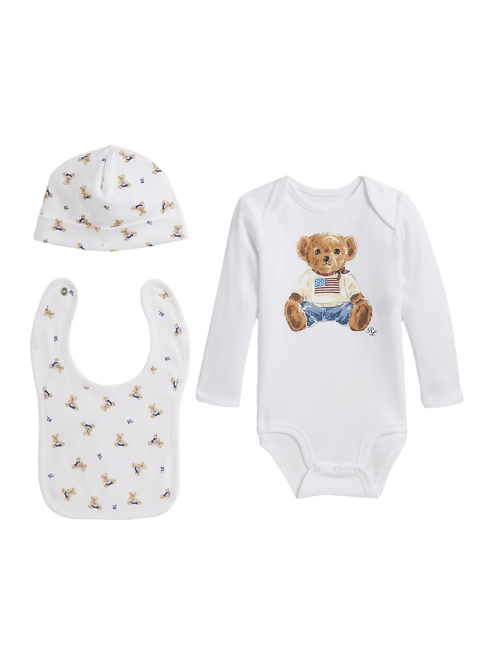 Polo Ralph Lauren Kids Unisex White Baby Onesie Set With Matching Hat And Bib All-Over Bear Print In Cotton Suits - Kids