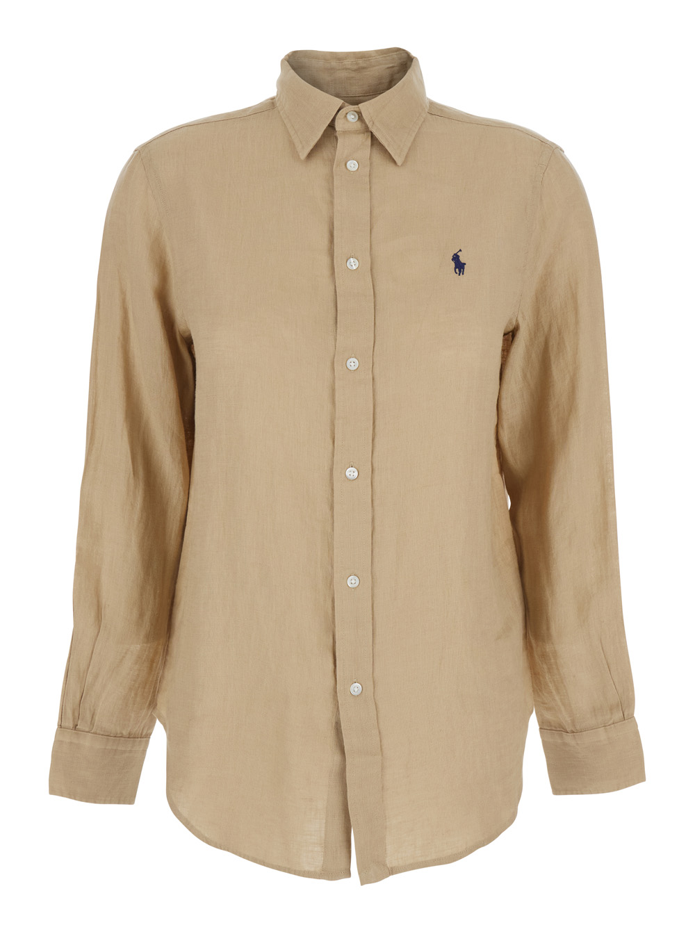 Polo Ralph Lauren Women's Beige Shirt Classic Fit With Pointed Collar And Embroidered Pony Logo On Front In Linen For Blouses