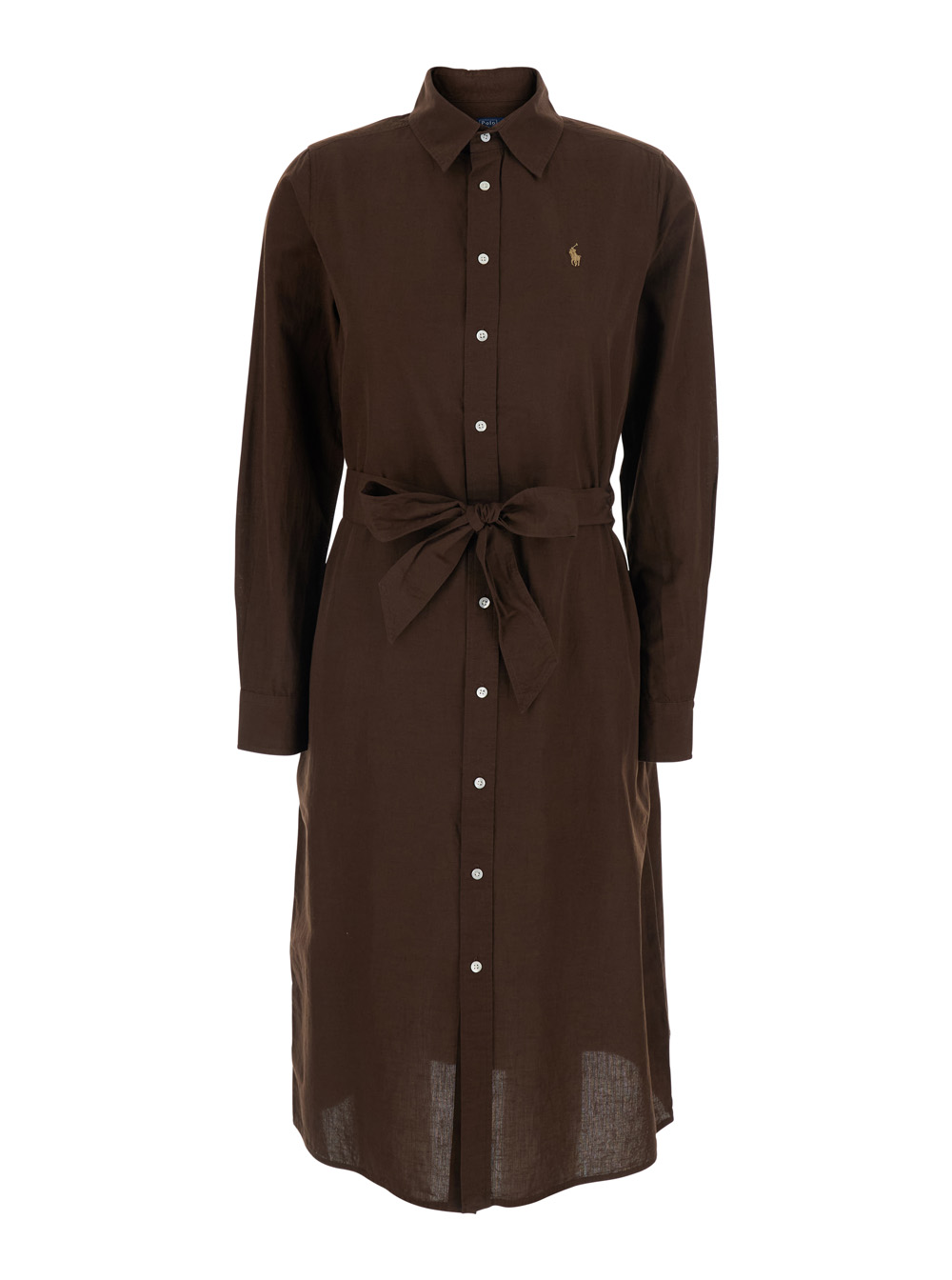 Polo Ralph Lauren Women's Brown Dress With Long Sleeves And Front Closure In Cotton Linen For