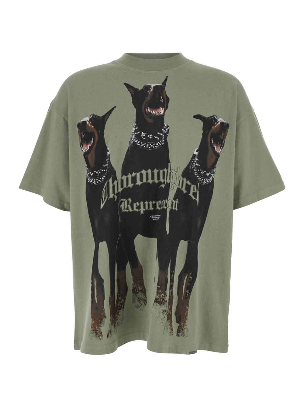 Represent Men's Green Thoroughbred T-Shirt With Doberman Graphic Print And Lettering Logo On The Front In Cotton For Tshirts Polo Shirts