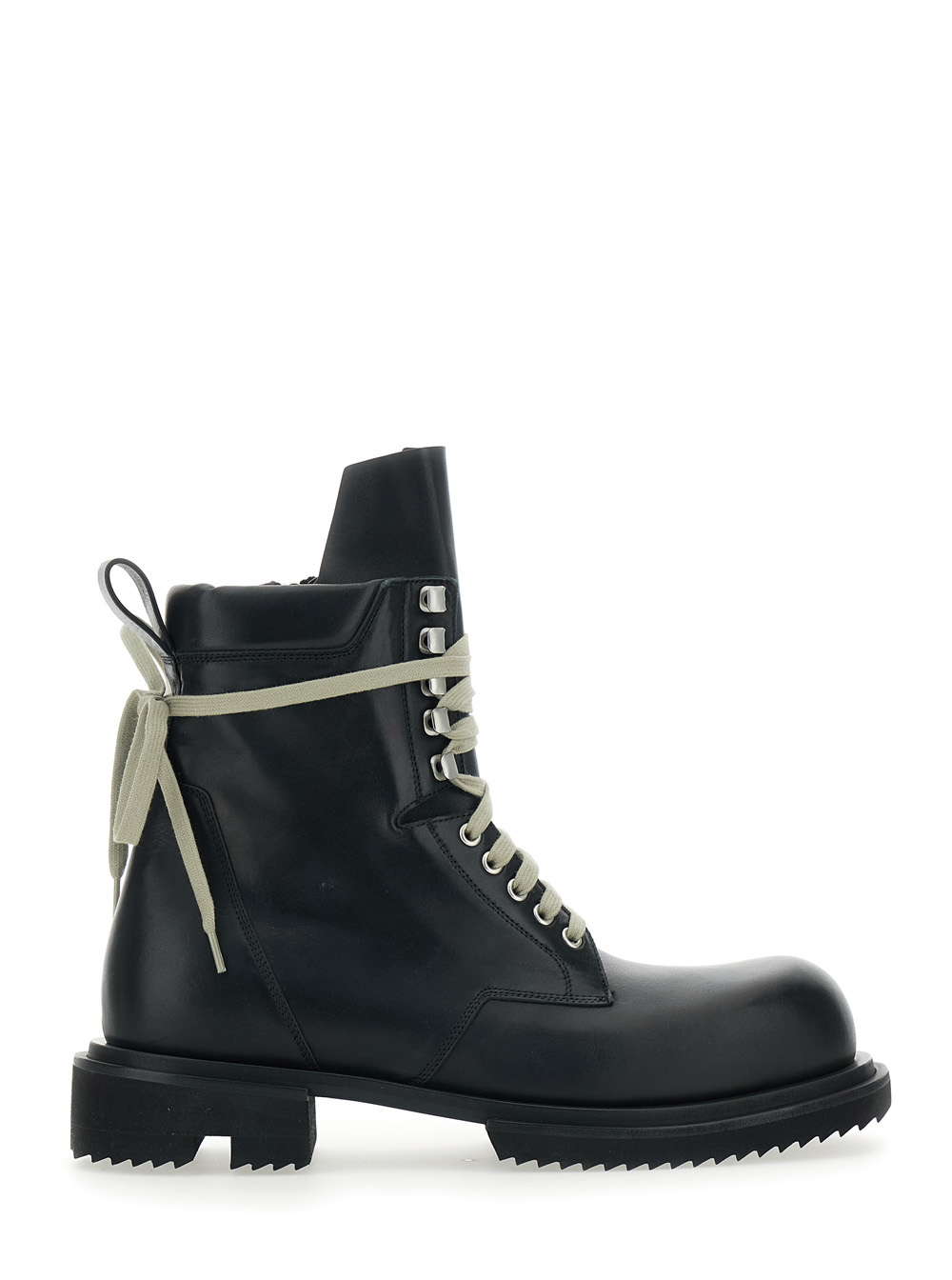 Rick Owens Mens Low Army Ankle Boots with Oversized Decorative Laces and Tank Sole in Black Leather Calf – Men