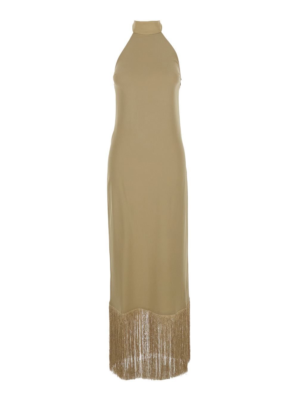 Taller Marmo Women's Beige Long Dress Berlin With High Collar And Applied Fringes On The Edges In Cady Crepe Acetate Viscose Elastane