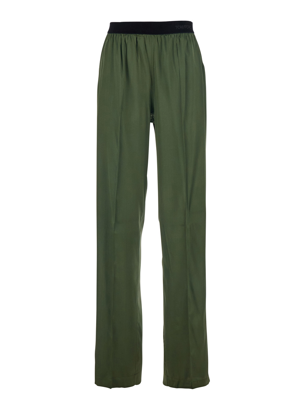 Tom Ford Women's Green Elastic Waist Pants With Logo Lettering In Stretch Silk Woman Elastane Trousers