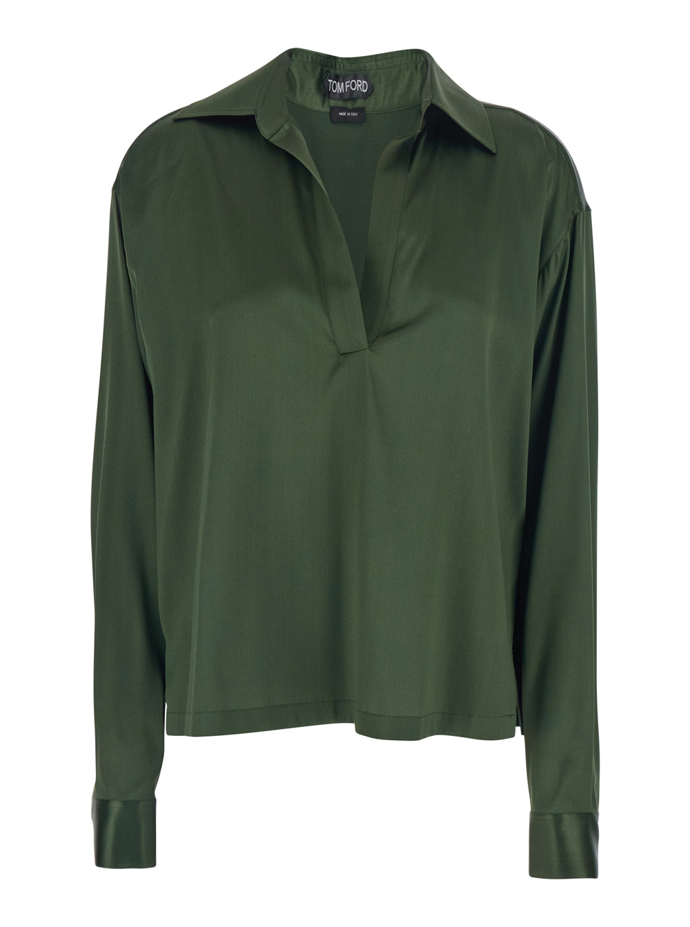 TOM FORD Tom Ford Green Blouse with Wide Pointed Collar and V-Neck in Stretch Silk Women Elastane Shirts Blouses - Women　トム フォード 