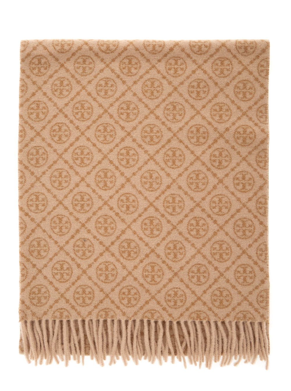 Tory Burch Women's Beige Scarf With All-Over T Motif Monogram And Fringed Edges In Wool Woman Cashmere Scarfs Foulards