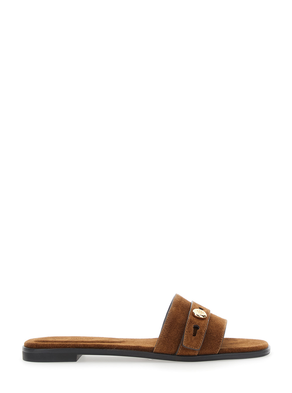 Tory Burch Women's Brown Romy Sandals With Logo Plate On The Front In Suede For Bovine Flat Shoes
