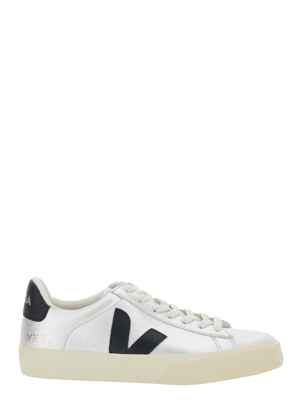 Veja Unisex Metallic Sneaker Campo With Contrast Heel Lettering Logo And Patch On The Side In Leather Organic Traced