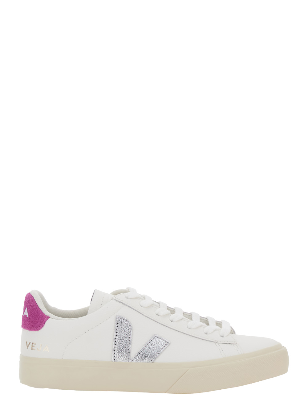 Veja Unisex White Sneaker Campo With Contrast Heel Lettering Logo And Patch On The Side In Leather Organic Traced