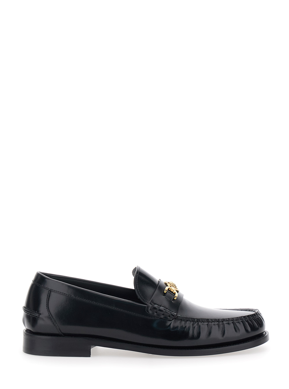 Versace Men's Black Loafers With Metallic Medusa Head Detail In Leather For Calf