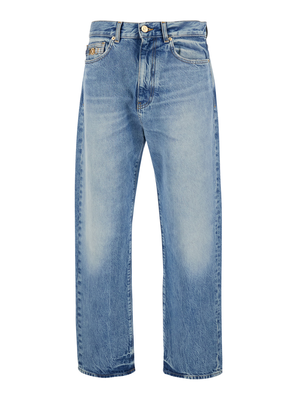 Versace Men's Light Blue Jeans With Logo Patch On The Back And Faded Effect In Denim For Cotton