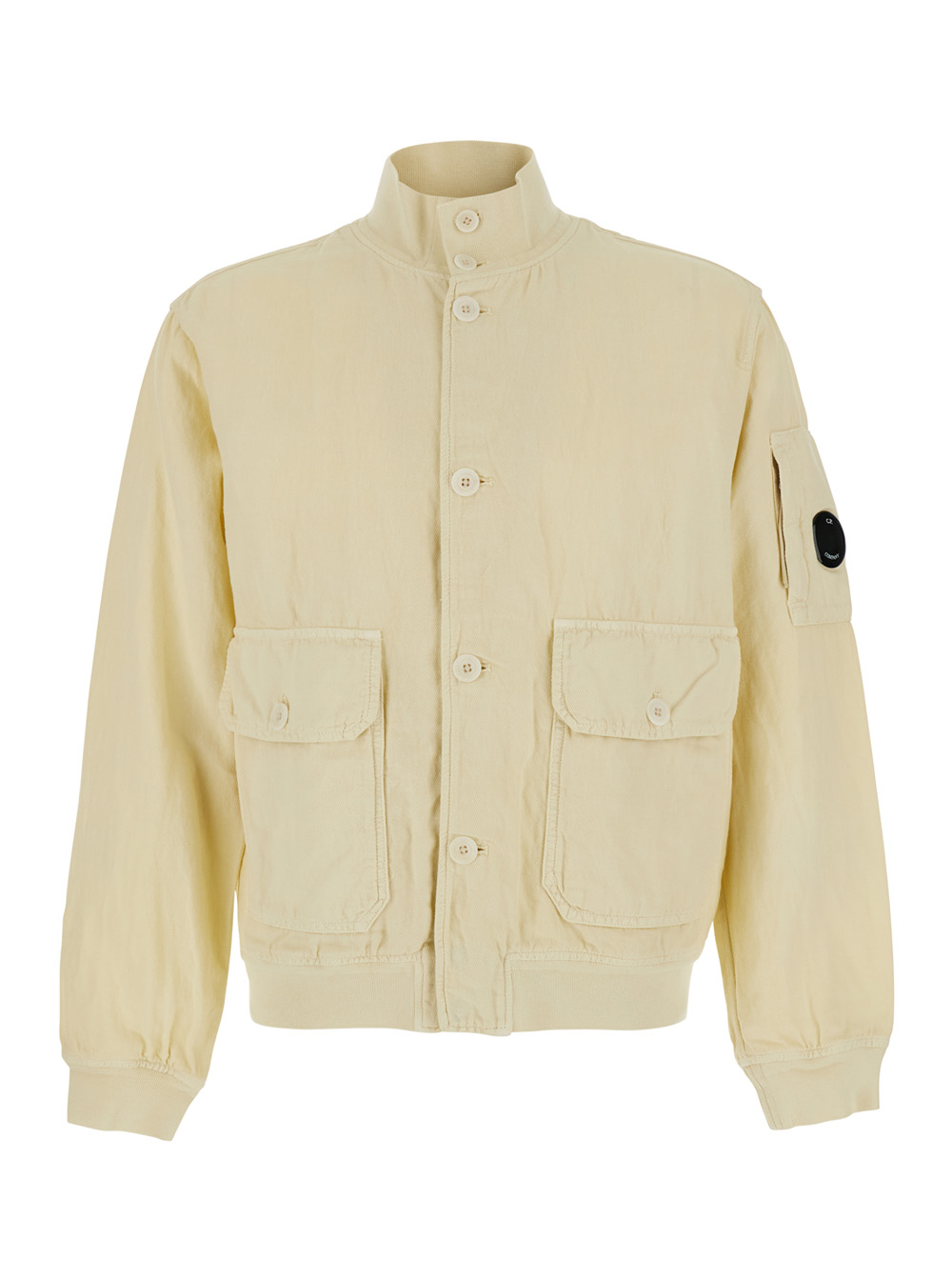 C.p. Company Men's Beige C. P. Company Jacket With High Collar And Logo Plate On The Sleeve In Cotton Linen Outerwear