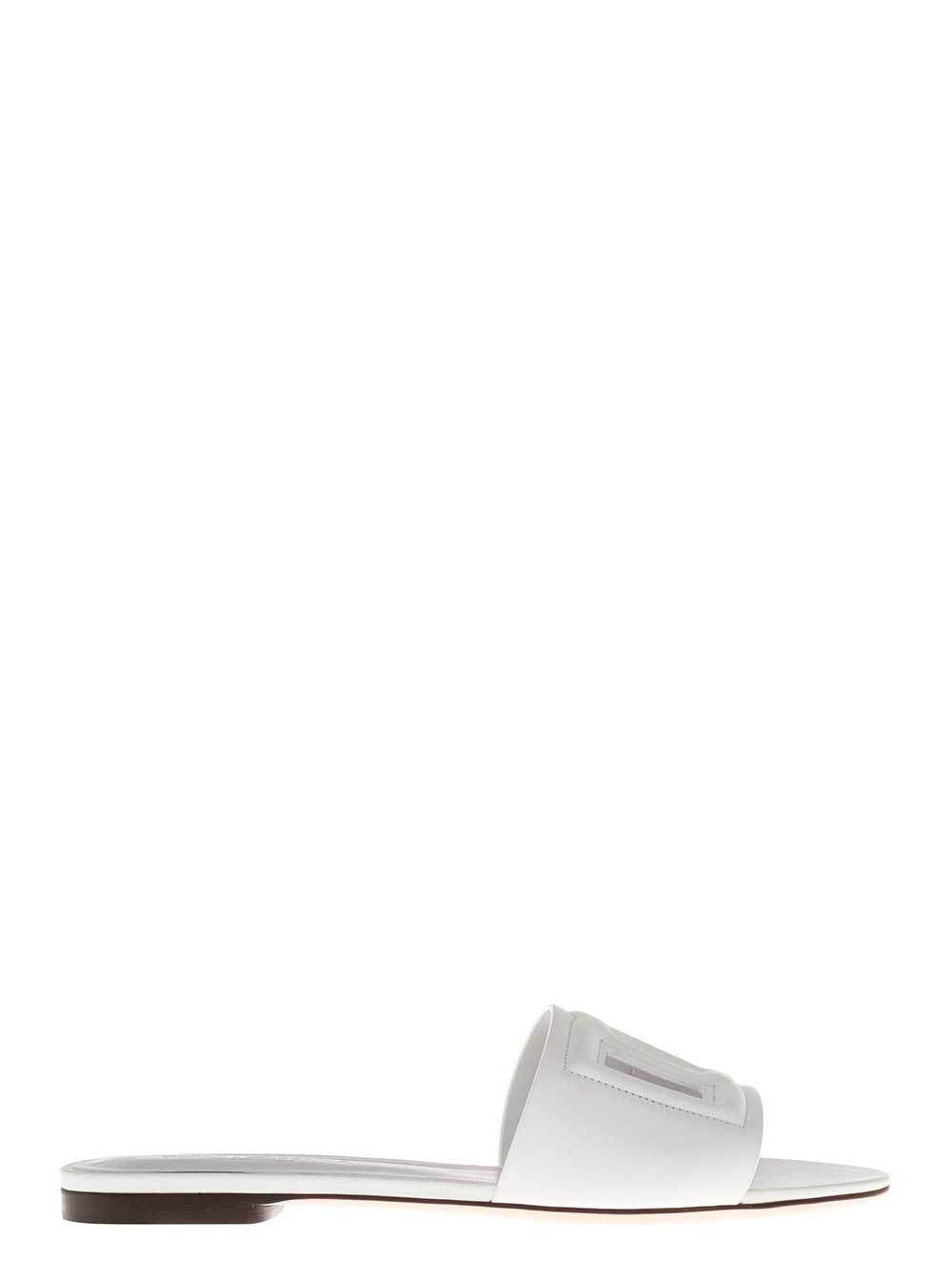 Dolce & Gabbana Women's White Dg Leather Sandals With Logo For Lamb Calf Flat Shoes
