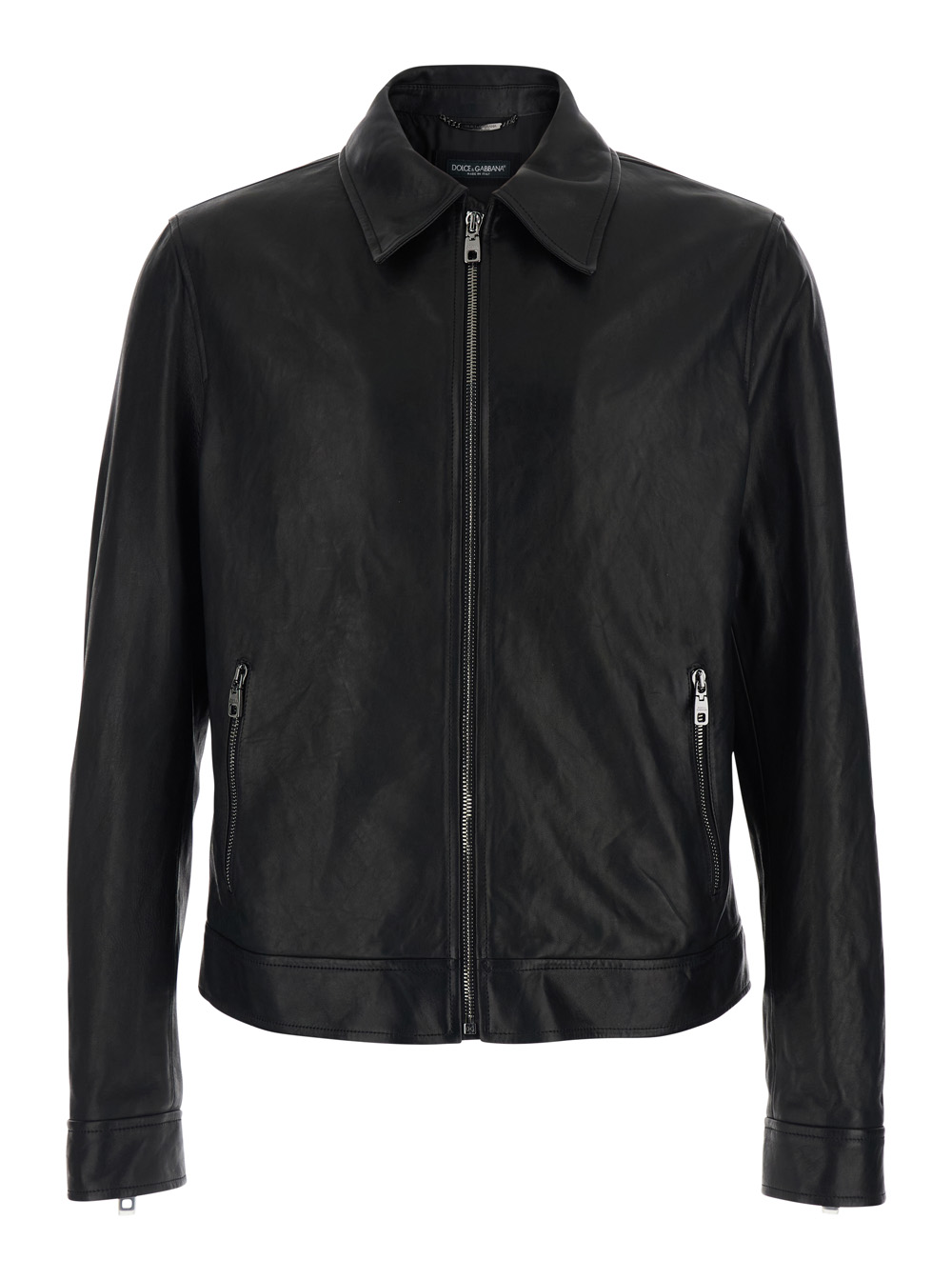 Dolce & Gabbana Men's Black Jacket With Classic Collar And Logo Patch On The Back In Leather For Viscose Outerwear
