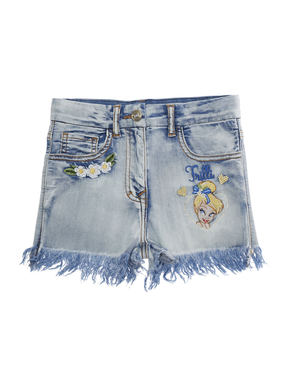Monnalisa Kids Light Blue Frayed Shorts Blue - With Front Pockets Cotton Kids Light Polyester Elastane And Bermuda - Kids