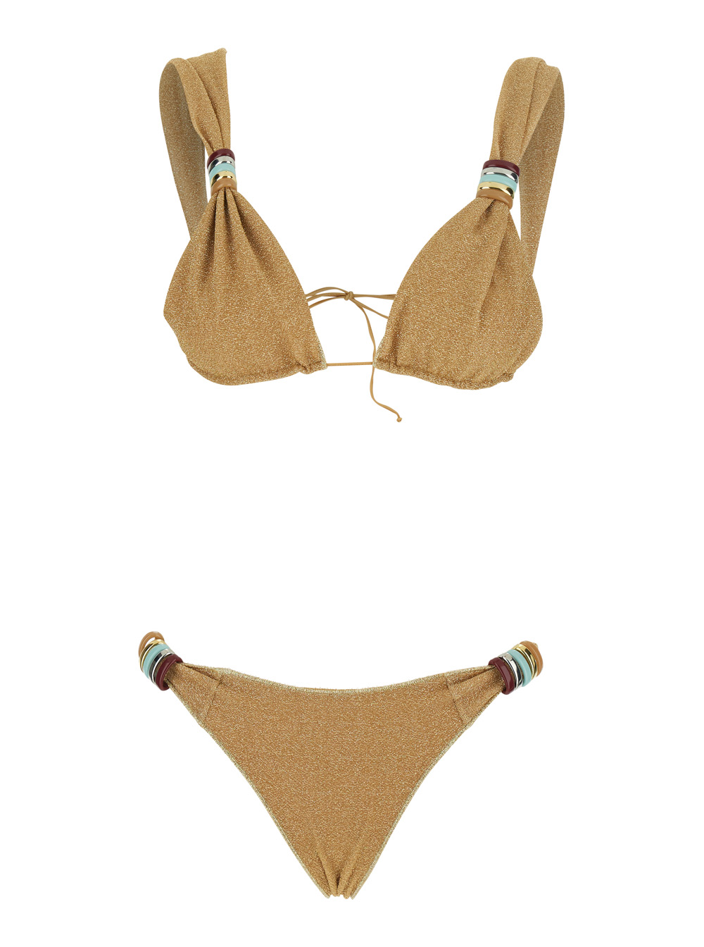 OséRee Lumiere Bikini with Metal Rings and Adjustable Closure in Gold Tech Fabric for Women Metallic Beachwear – Women