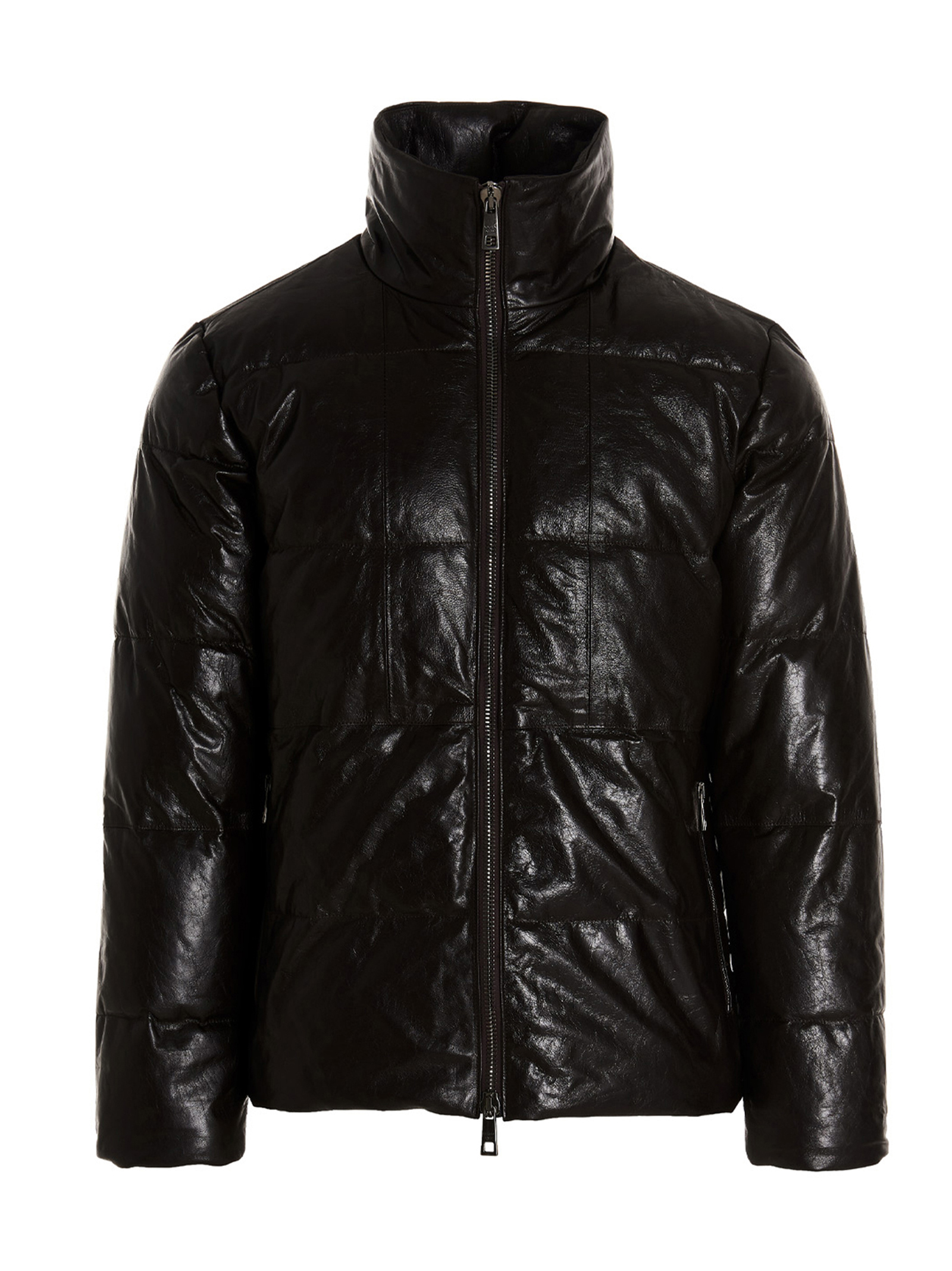 Coated-effect leather puffer jacket